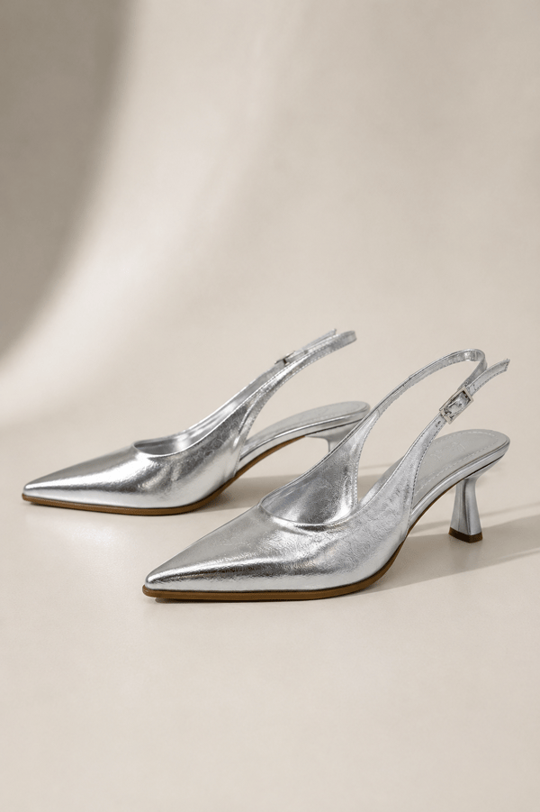 CELINE Kadın Gümüş Sivri Burun Kırışık Rugan Slingback Tokalı 7 Cm İnce Topuklu Ayakkabı