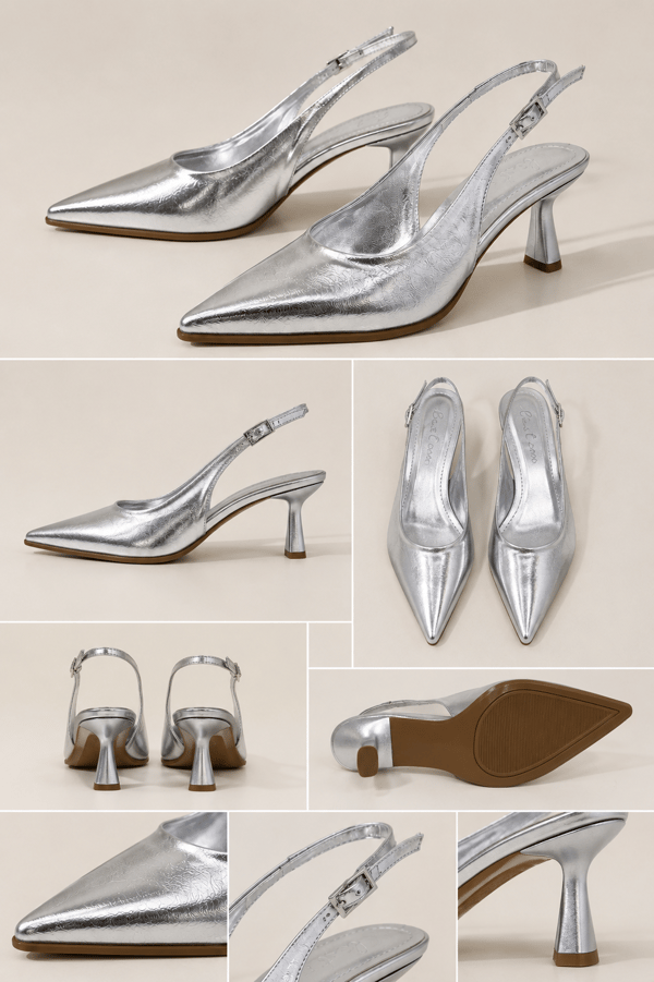 CELINE Kadın Gümüş Sivri Burun Kırışık Rugan Slingback Tokalı 7 Cm İnce Topuklu Ayakkabı