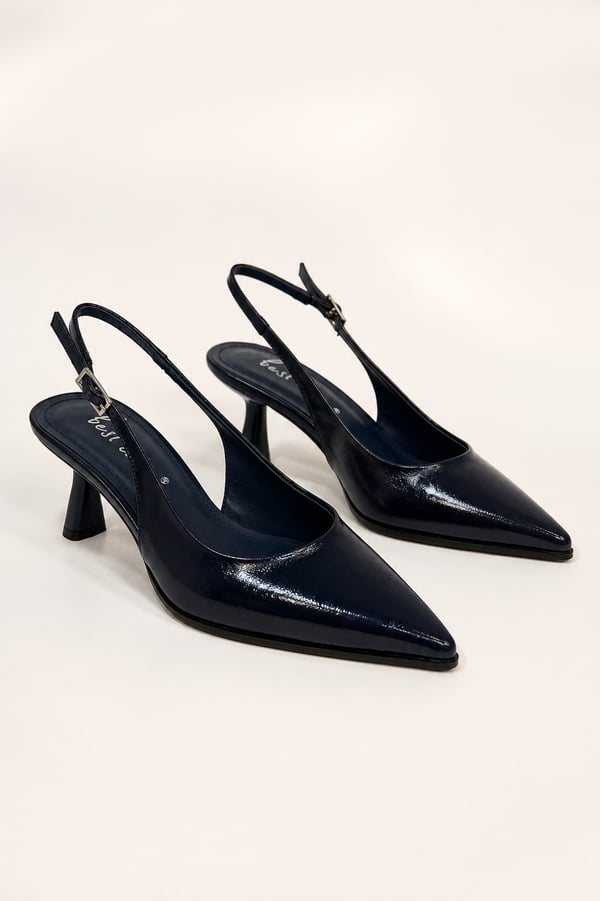 CELINE Kadın Lacivert Sivri Burun Kırışık Rugan Slingback Tokalı 7 Cm İnce Topuklu Ayakkabı