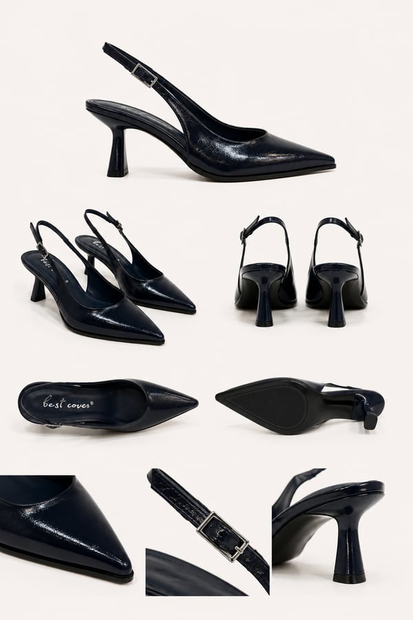 CELINE Kadın Lacivert Sivri Burun Kırışık Rugan Slingback Tokalı 7 Cm İnce Topuklu Ayakkabı