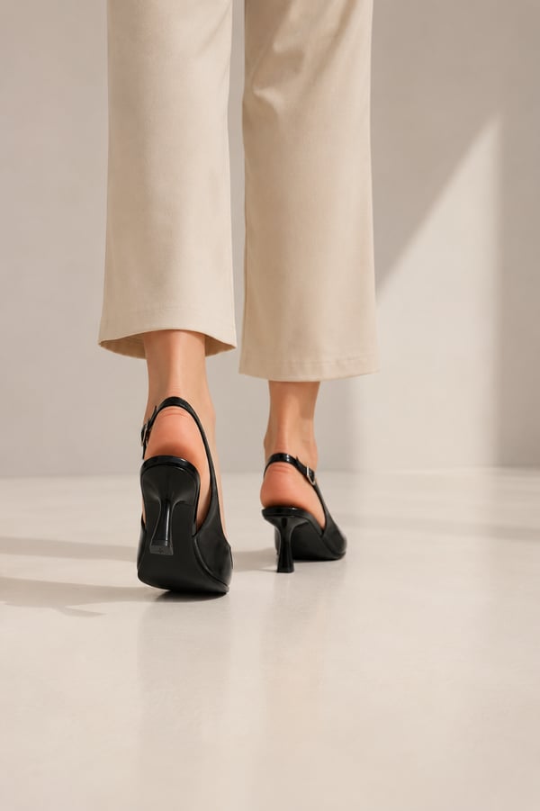 CELINE Kadın Siyah Sivri Burun Kırışık Rugan Slingback Tokalı 7 Cm İnce Topuklu Ayakkabı