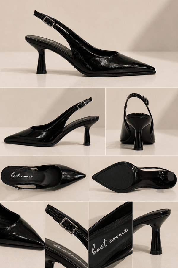 CELINE Kadın Siyah Sivri Burun Kırışık Rugan Slingback Tokalı 7 Cm İnce Topuklu Ayakkabı