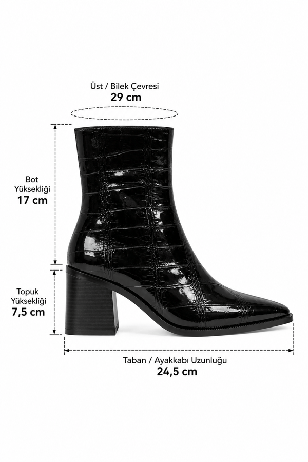 ELENA Kadın Siyah Kroko Desen Sivri Küt Kesim Burun Fermuarlı 7,5 Cm Kalın Topuklu Bot Bootie