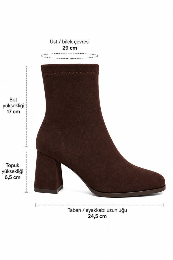 ESTERA Kadın Acı Kahve Süet Küt Burun Fermuarlı Dikiş Detaylı 6,5 Cm Kalın Topuklu Bot Bootie