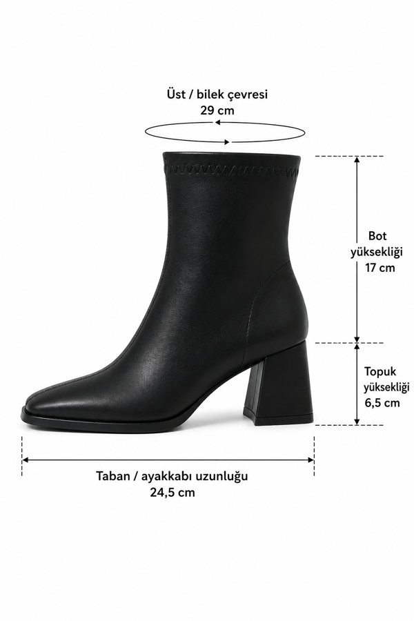 ESTERA Kadın Siyah Cilt Küt Burun Fermuarlı Dikiş Detaylı 6,5 Cm Kalın Topuklu Bot Bootie