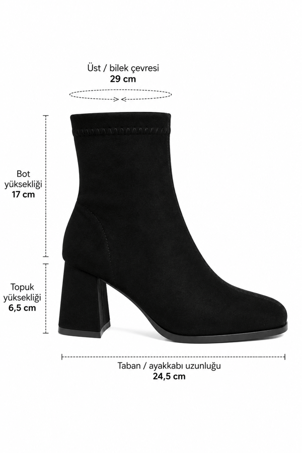 ESTERA Kadın Siyah Süet Küt Burun Fermuarlı Dikiş Detaylı 6,5 Cm Kalın Topuklu Bot Bootie