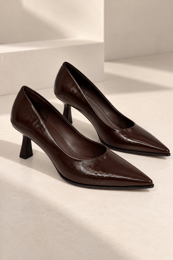 HAZIA Kadın Acı Kahve Kırışık Rugan Sivri Burun 7 Cm Kadeh Topuklu Stiletto Ayakkabı