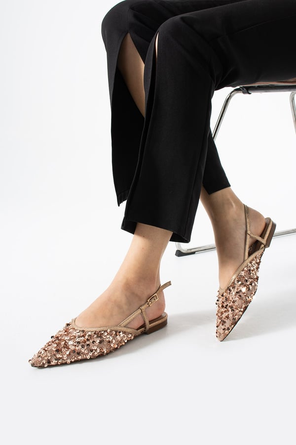 LERINA Kadın Bej Sivri Burun Slingback Pul Payet Detaylı Düz Taban Babet Ayakkabı