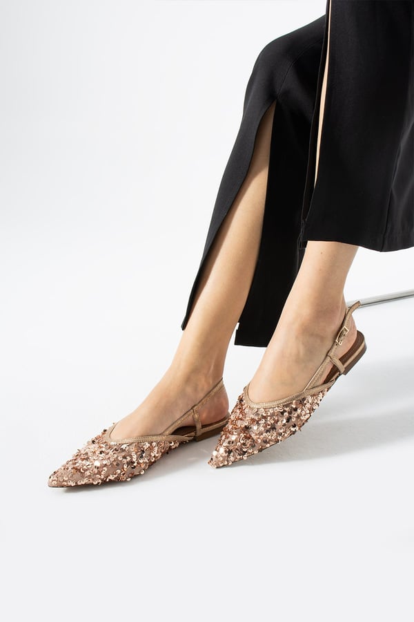 LERINA Kadın Bej Sivri Burun Slingback Pul Payet Detaylı Düz Taban Babet Ayakkabı