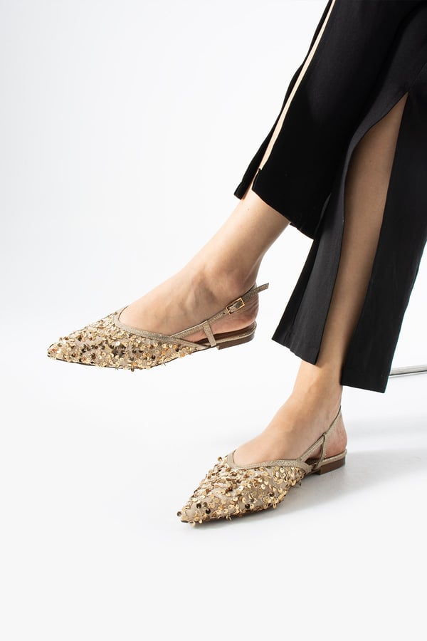 LERINA Kadın Gold Sivri Burun Slingback Pul Payet Detaylı Düz Taban Babet Ayakkabı