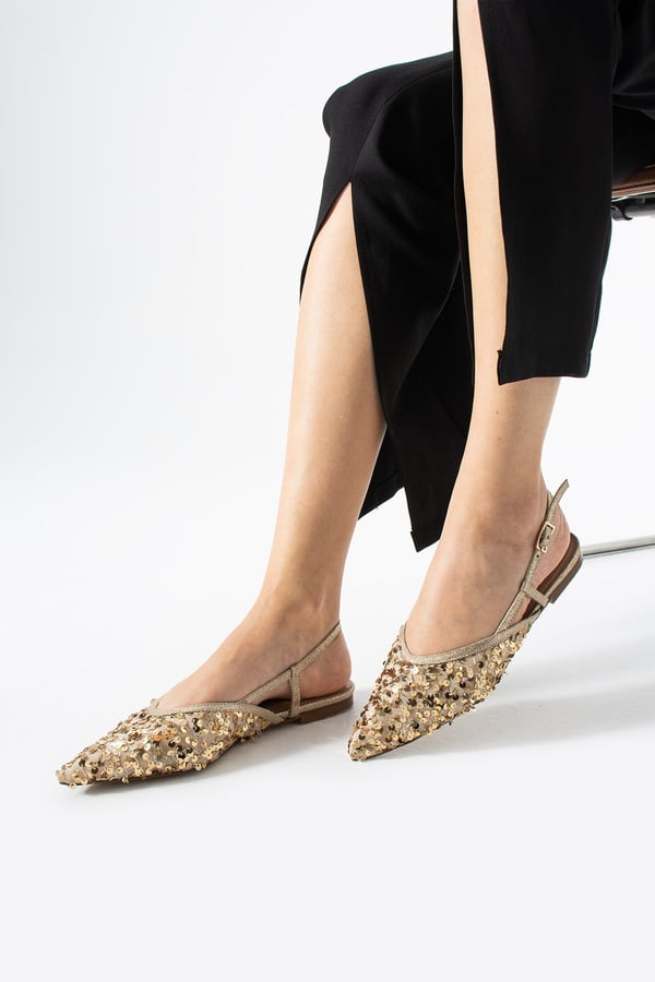 LERINA Kadın Gold Sivri Burun Slingback Pul Payet Detaylı Düz Taban Babet Ayakkabı