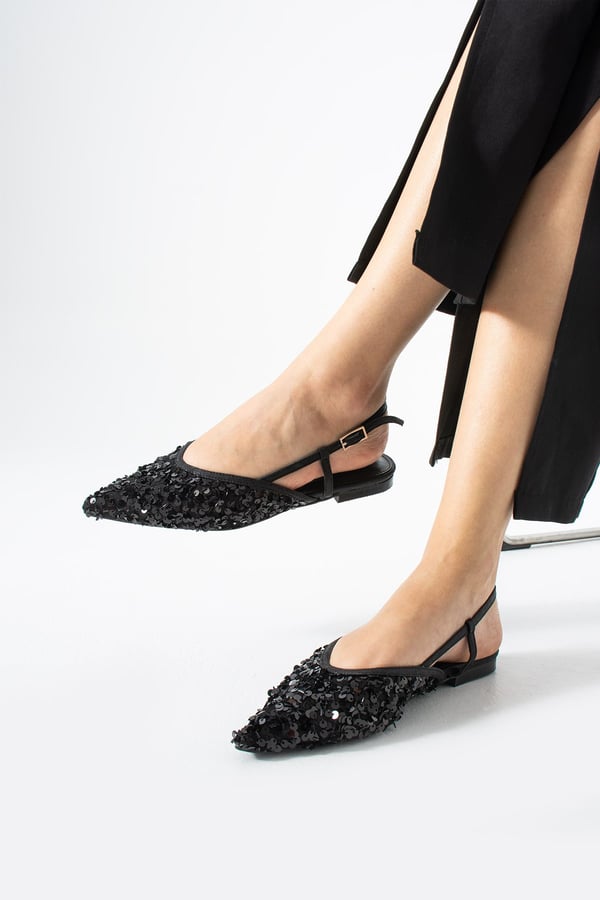 LERINA Kadın Siyah Sivri Burun Slingback Pul Payet Detaylı Düz Taban Babet Ayakkabı