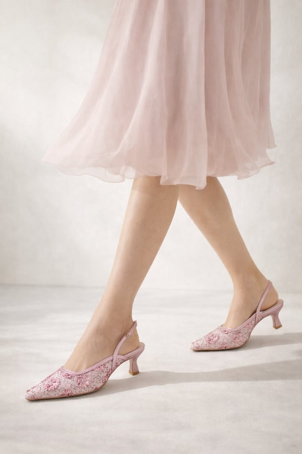 ROSABELLA Kadın Pembe Pul Boncuk İşlemeli Tül Detaylı İnce Topuklu Slingback Abiye Ayakkabı
