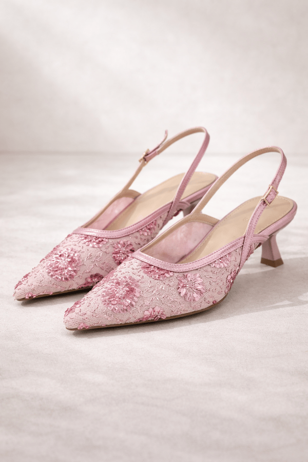 ROSABELLA Kadın Pembe Pul Boncuk İşlemeli Tül Detaylı İnce Topuklu Slingback Abiye Ayakkabı