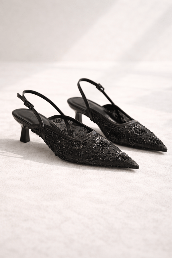 ROSABELLA Kadın Siyah Pul Boncuk İşlemeli Tül Detaylı İnce Topuklu Slingback Abiye Ayakkabı