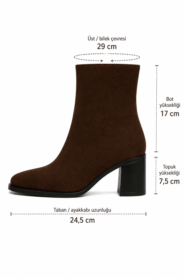 SELEN Kadın Acı Kahve Süet Yuvarlak Burun Süet Görünümlü Fermuarlı 7,5 Cm Kalın Topuklu Bot Bootie
