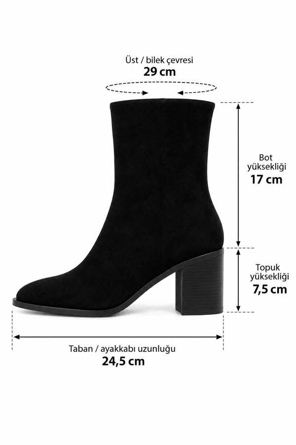 SELEN Kadın Siyah Süet Yuvarlak Burun Süet Görünümlü Fermuarlı 7,5 Cm Kalın Topuklu Bot Bootie