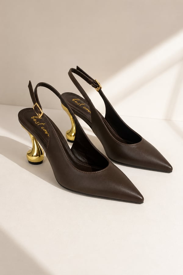 SWANY Kadın Acı Kahve Sivri Burun Metalik Kuğu 8cm Topuklu Slingback Ayakkabı