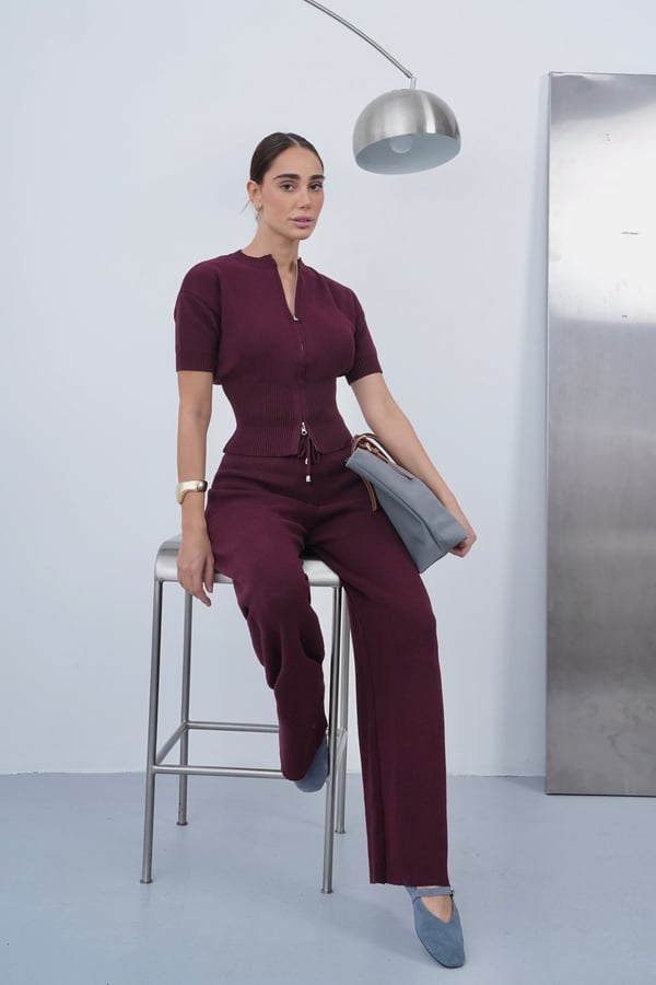 Kadın Bordo Çift Fermuarlı Bluz Pantolon Triko Takım