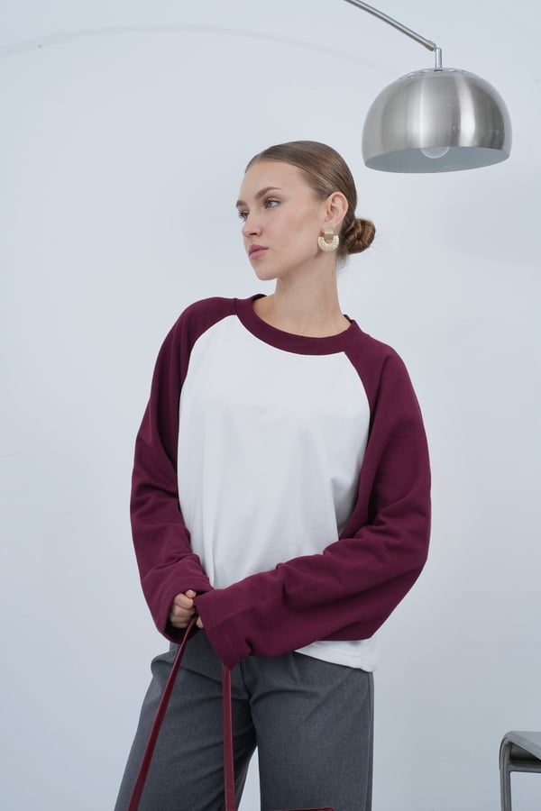 Kadın Bordo Reglan Çift Renkli Uzun Kollu Tişört