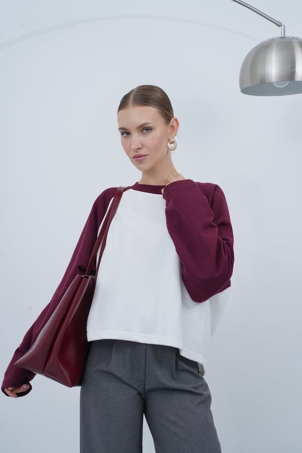 Kadın Bordo Reglan Çift Renkli Uzun Kollu Tişört