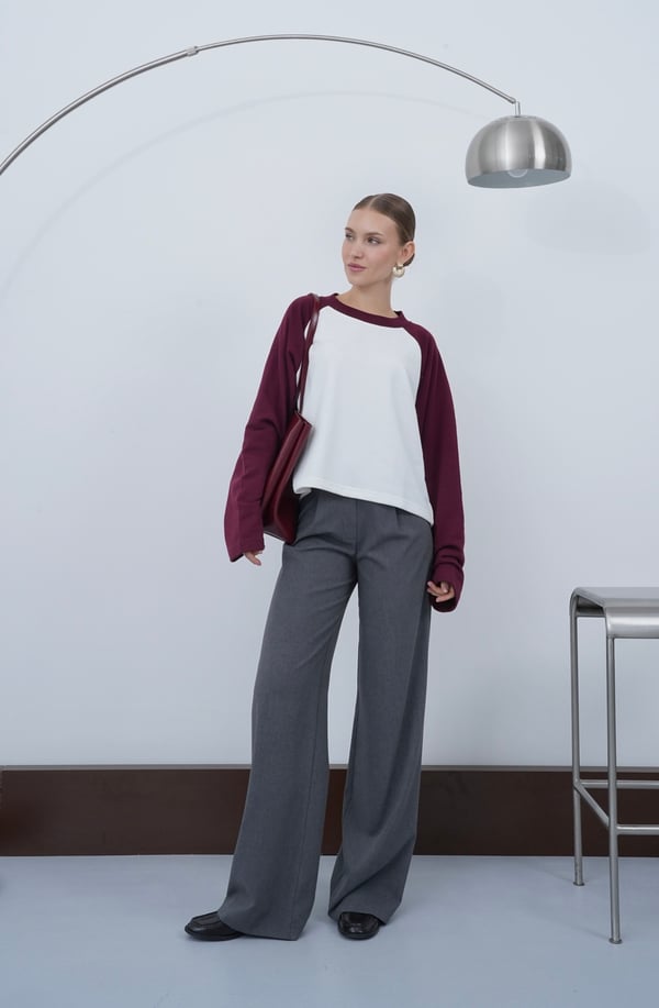 Kadın Bordo Reglan Çift Renkli Uzun Kollu Tişört