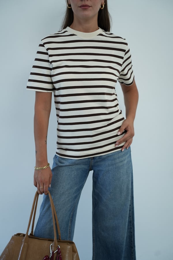 Kadın Çizgili Bisiklet Yaka Basic T-Shirt