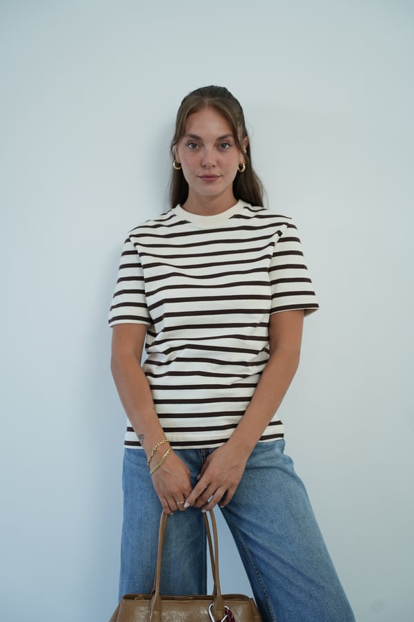 Kadın Çizgili Bisiklet Yaka Basic T-Shirt