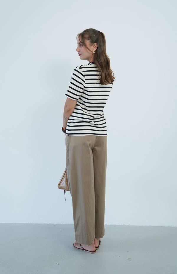 Kadın Çizgili Bordo Yaka Detaylı Basic T-Shirt