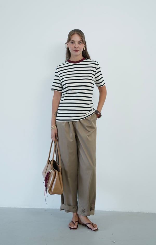 Kadın Çizgili Bordo Yaka Detaylı Basic T-Shirt