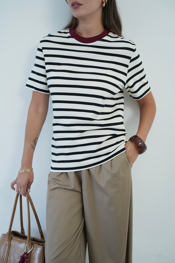 Kadın Çizgili Bordo Yaka Detaylı Basic T-Shirt