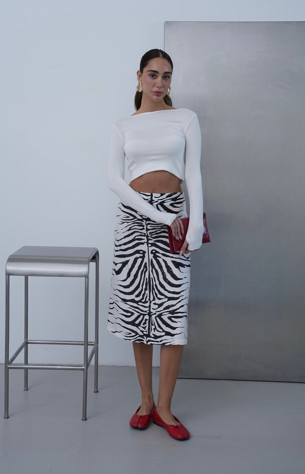 Kadın Ekru Zebra Desenli Midi Boy Etek