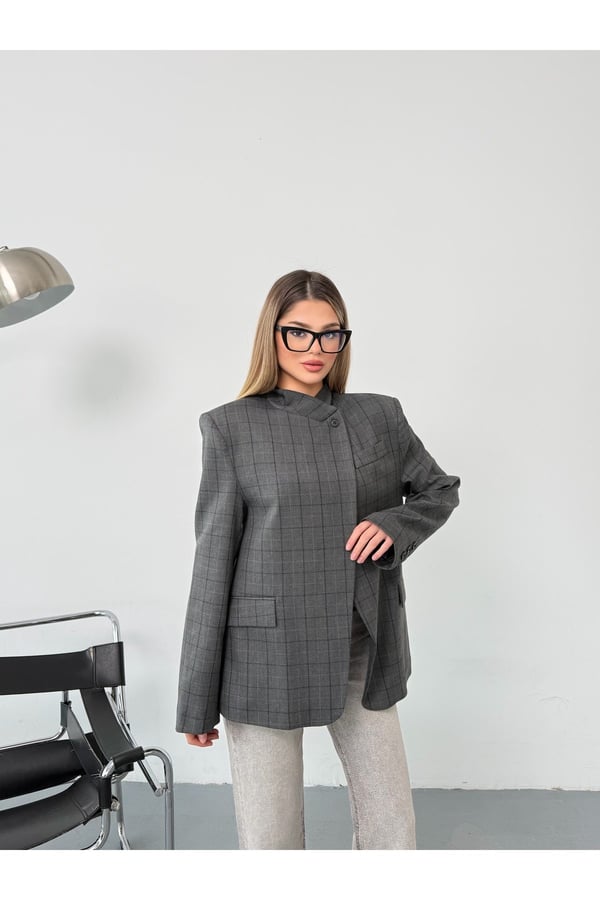 Kadın Gri Hakim Yaka Tek Düğmeli Ekoseli Blazer Ceket