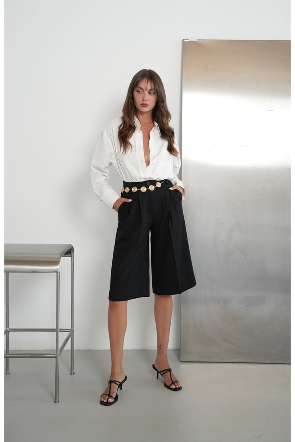 Kadın Siyah Yüksek Bel Bermuda Şort