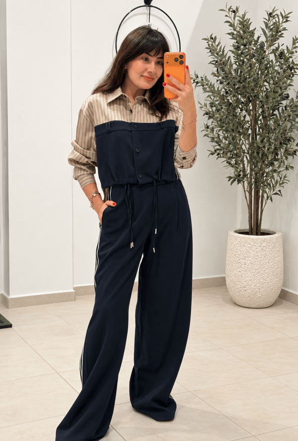 Çizgi Detaylı Gömlek Pantalon Takım - Lacivert