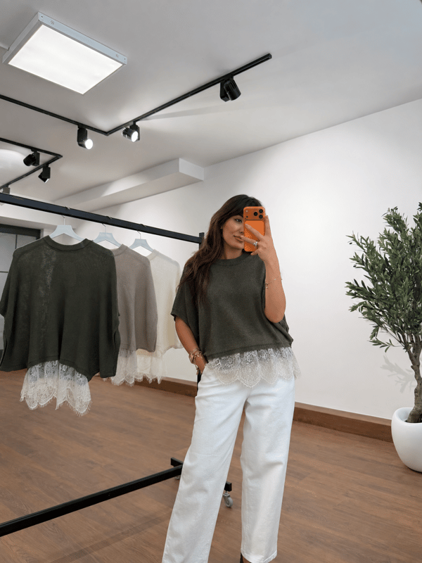 Dantel Detaylı Triko Bluz Haki