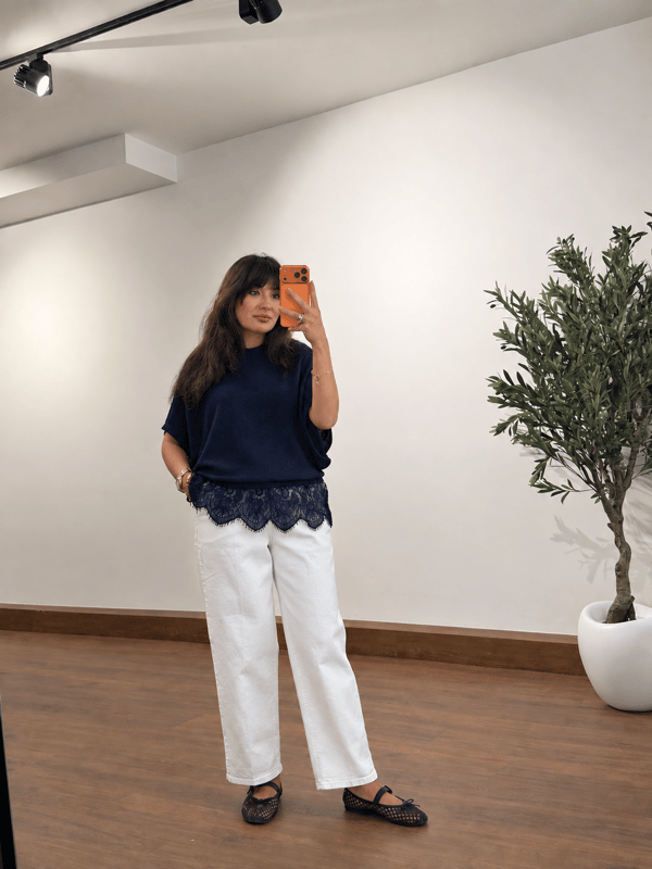 Dantel Detaylı Triko Bluz Lacivert