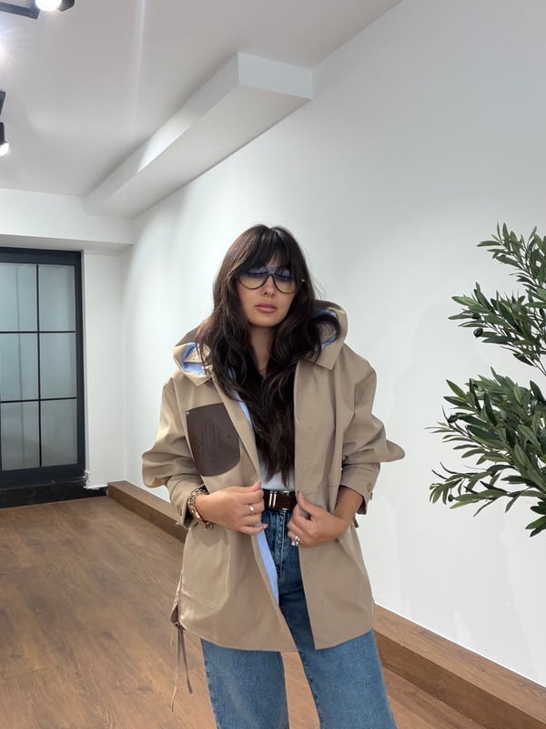 Deri Cep Detaylı Trençkot Camel