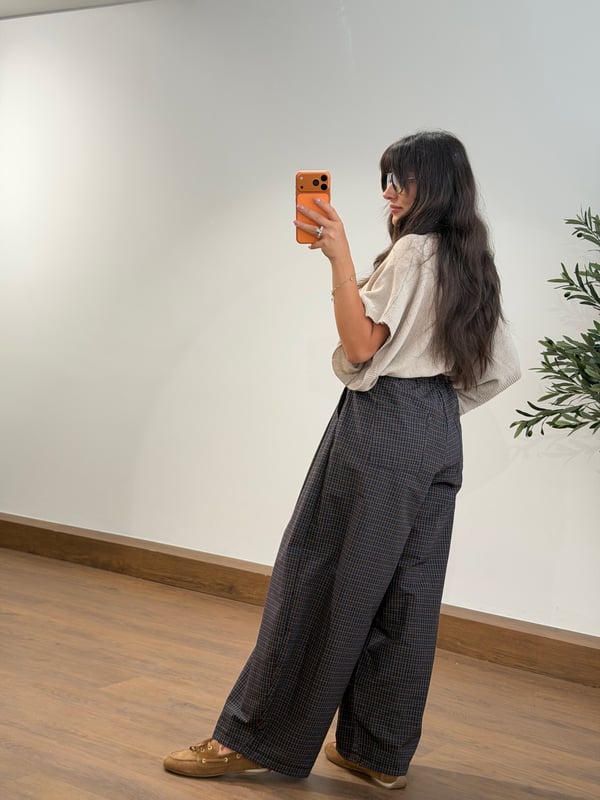 Ekose Kemerli Oversize Pantolon Kahve