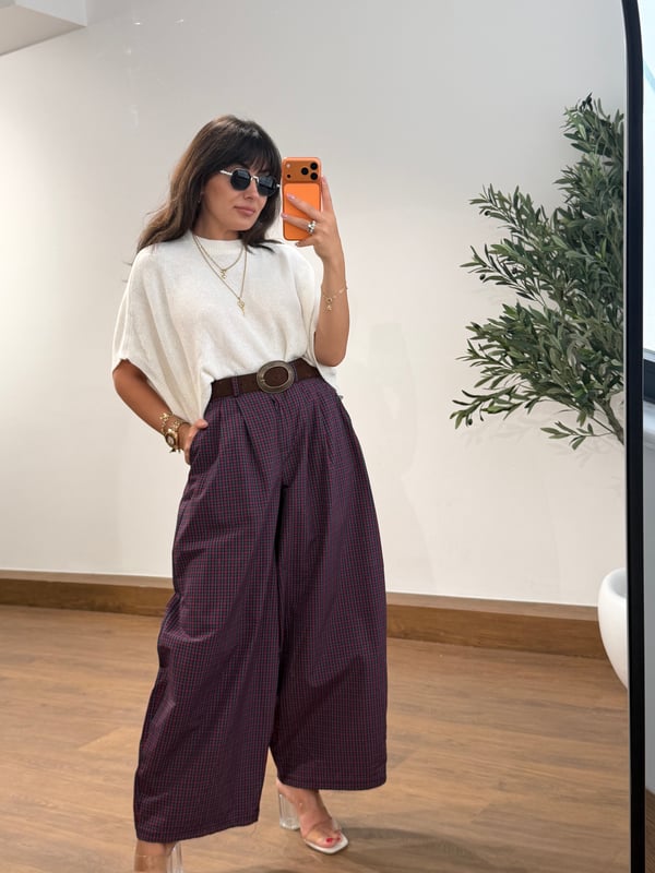 Ekose Oversize Kemerli Pantalon Bordo