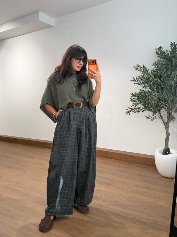 Ekose Oversize Kemerli Pantalon Haki