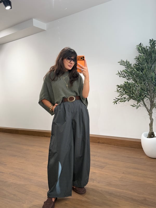 Ekose Oversize Kemerli Pantalon Haki