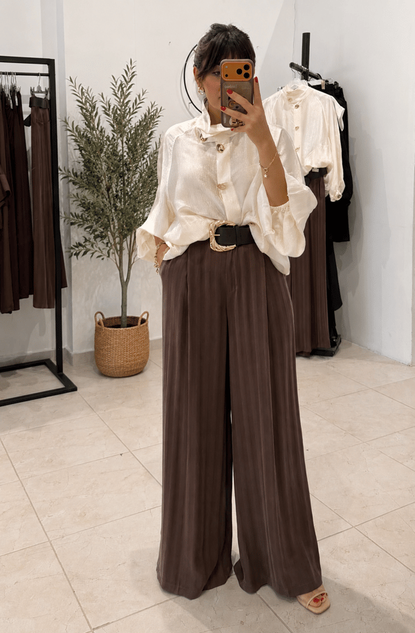 Kemerli Saten Çizgili Palazzo Pantalon-Kahve