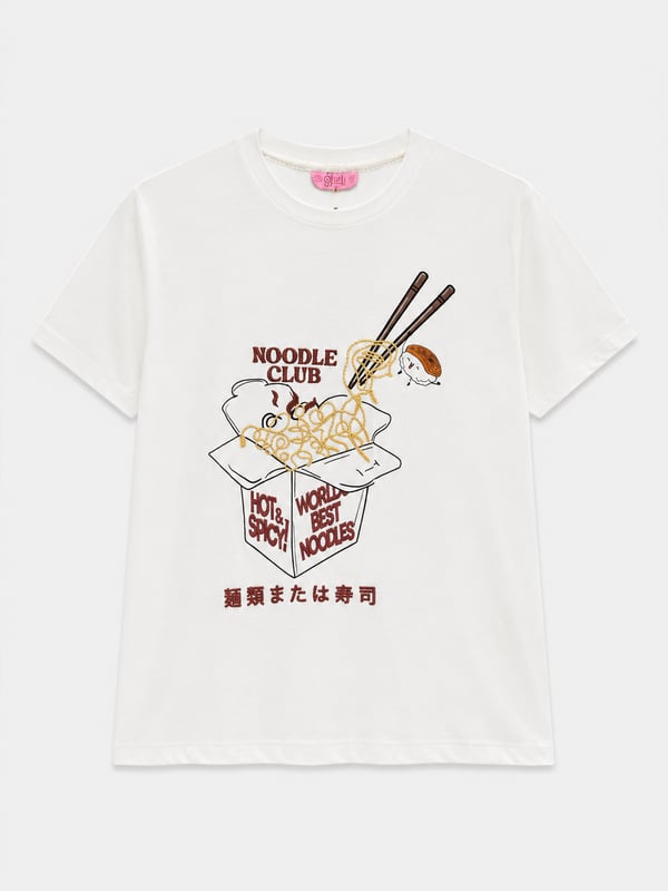 Noodle Baskılı Tişört - Beyaz