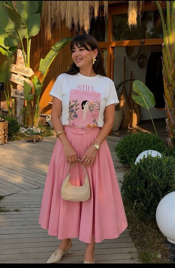 Poplin Midi Boy Etek Bel Lastikli -Pembe