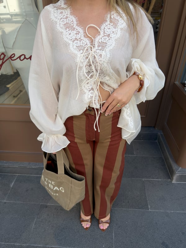ORJİNAL MODEL BEJ & BORDO ÇİZGİLİ BARREL JEAN