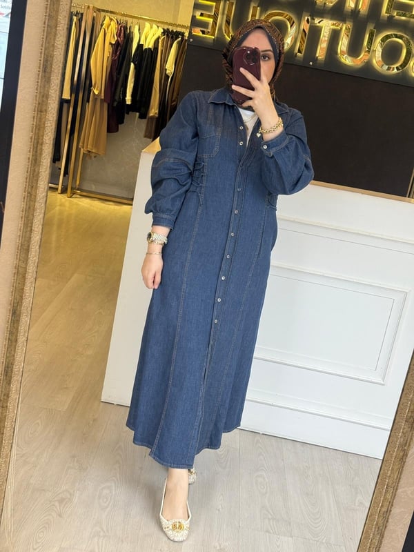EXQUİSE Arnaude Yandan Bağcık Detaylı Uzun Denim Elbise