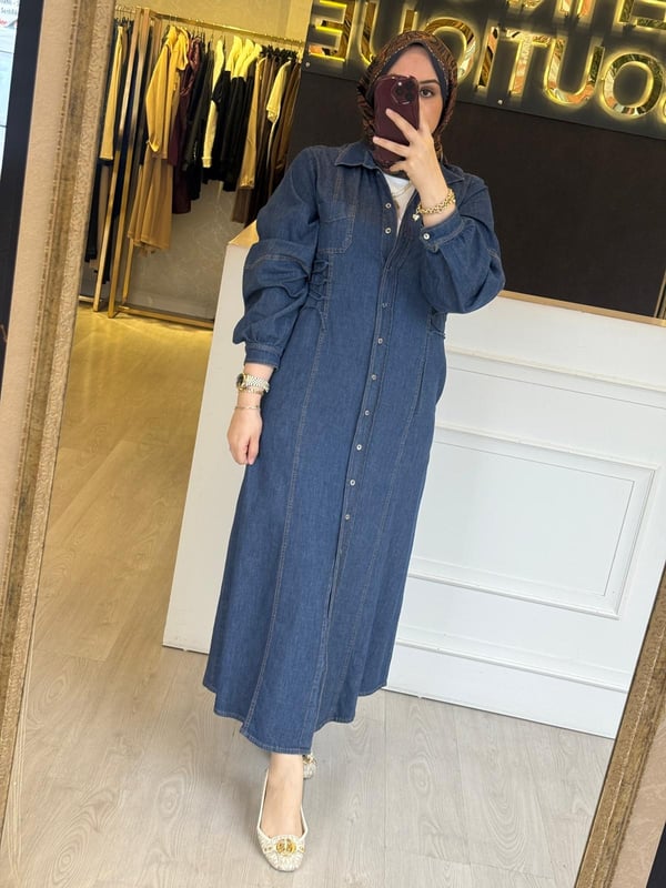 EXQUİSE Arnaude Yandan Bağcık Detaylı Uzun Denim Elbise