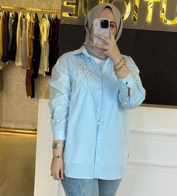 EXQUİSE Bernetta Çiçek Payet Nakış İşlemeli Rahat Gömlek