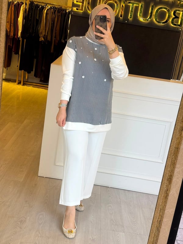 FUAT GÜRSEN Lina Çizgili Çiçek Aplikeli Tunik
